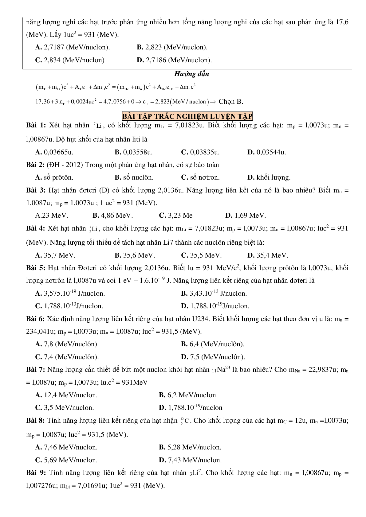 100 bài tập về năng lượng liên kết của hạt nhân. phản ứng hạt nhân (2024) có đáp án chi tiết nhất (trang 5)