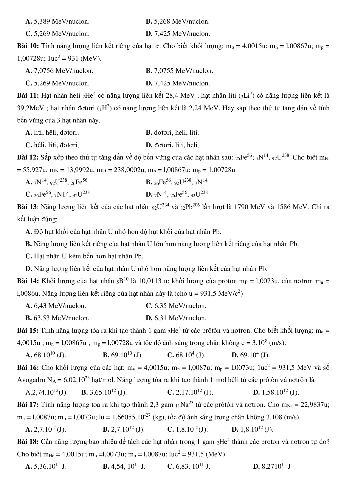 100 bài tập về năng lượng liên kết của hạt nhân. phản ứng hạt nhân (2024) có đáp án chi tiết nhất (trang 6)