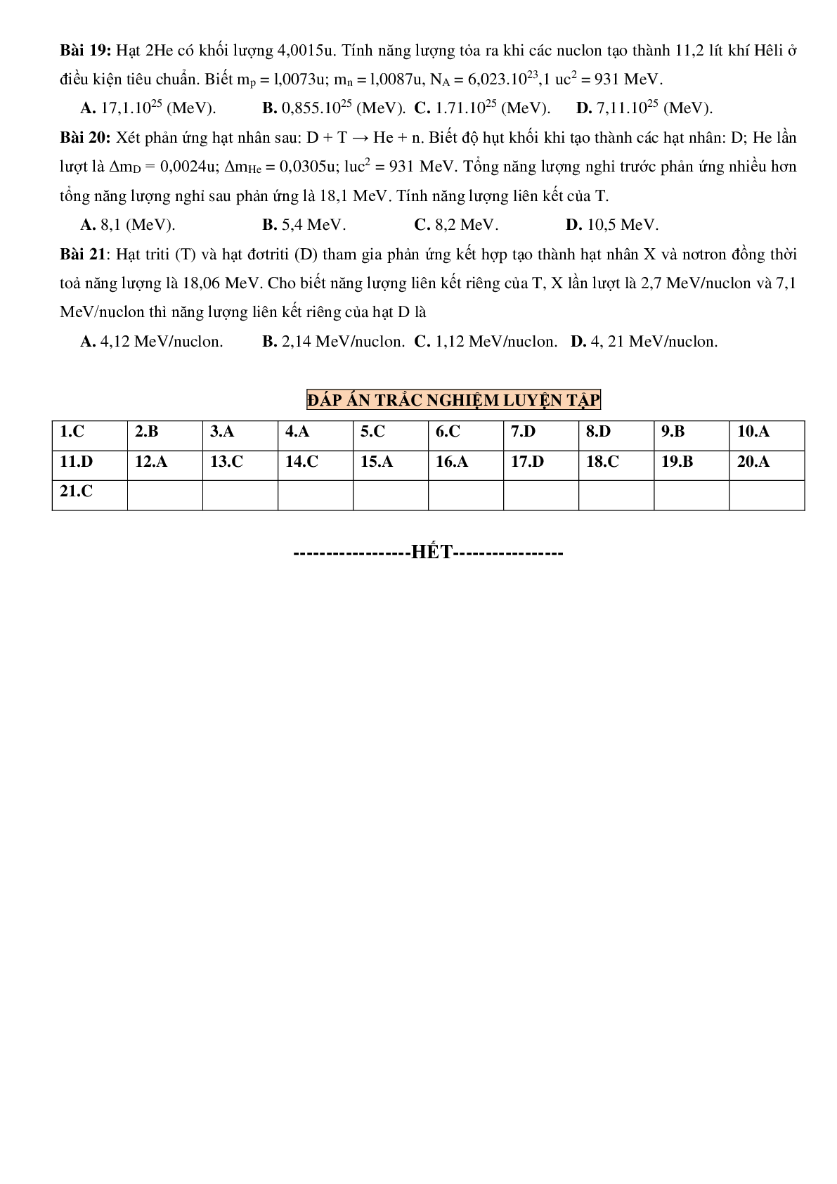 100 bài tập về năng lượng liên kết của hạt nhân. phản ứng hạt nhân (2024) có đáp án chi tiết nhất (trang 7)