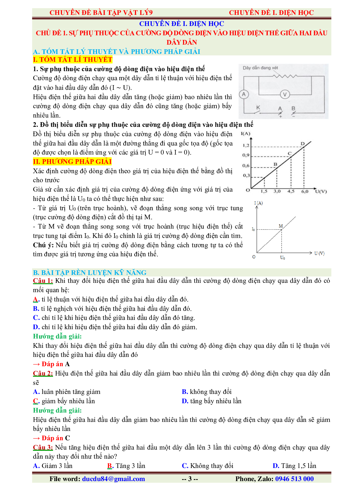 1000 Bài tập Vật lí 9 Chương 1: Điện học (có đáp án năm 2023) (trang 3)
