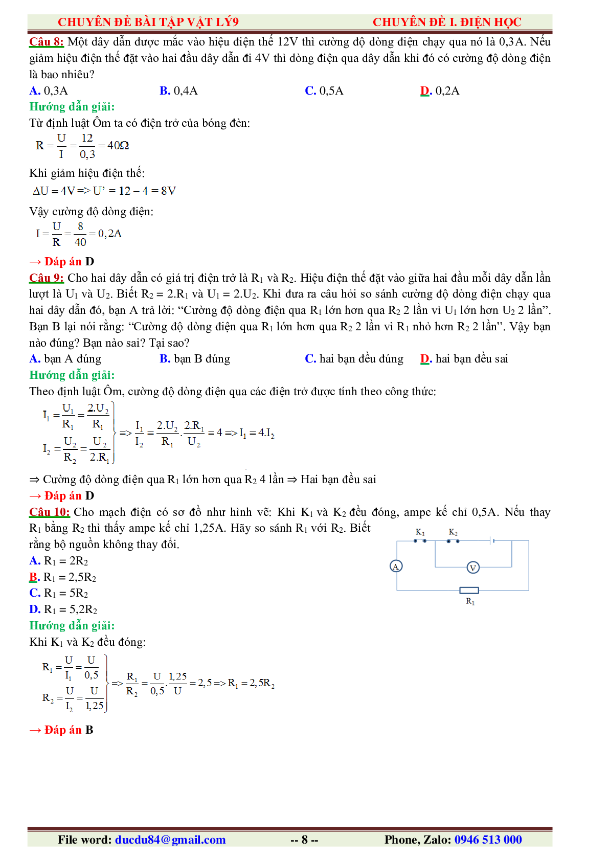 1000 Bài tập Vật lí 9 Chương 1: Điện học (có đáp án năm 2023) (trang 8)