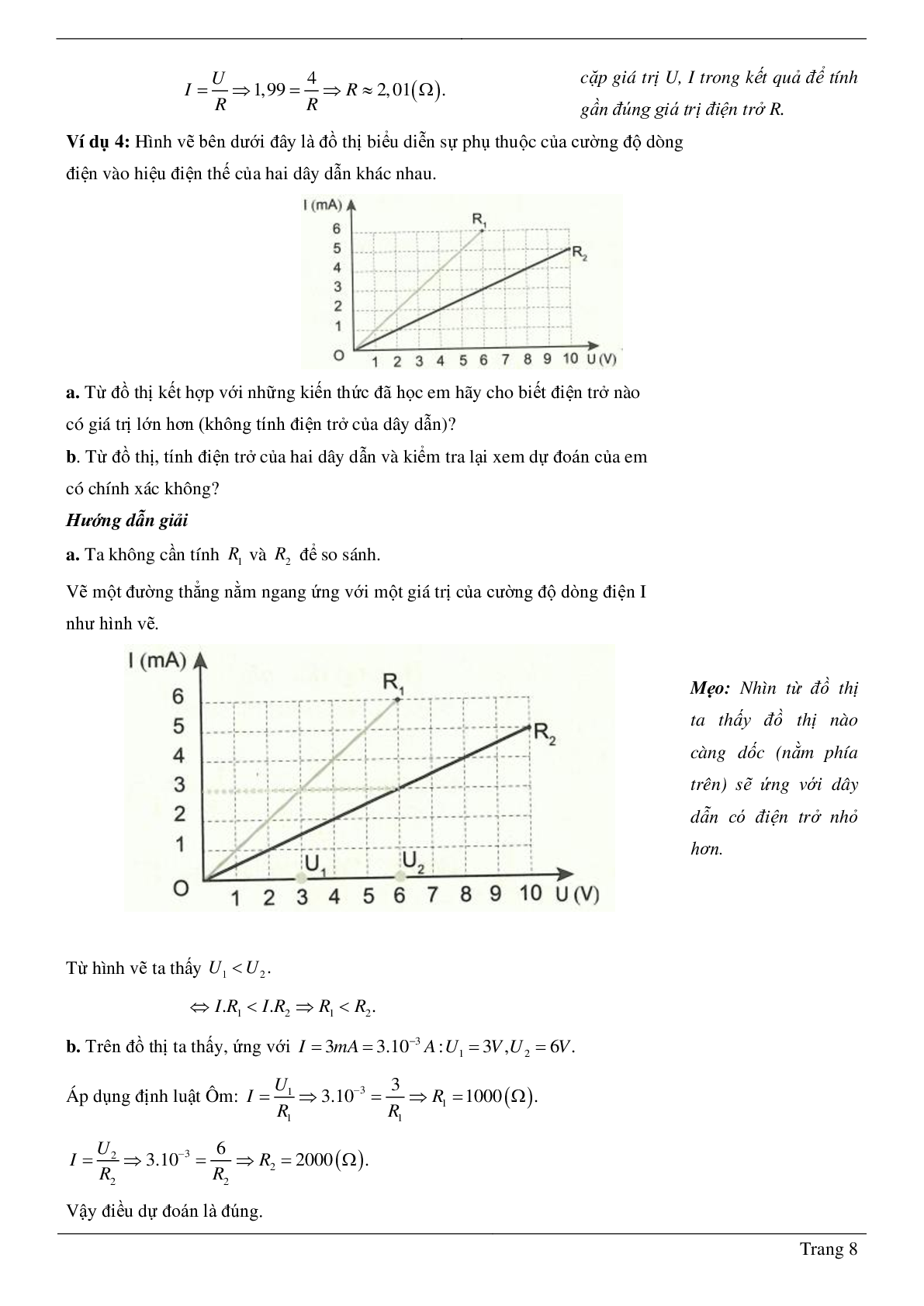 70 Bài tập Sự phụ thuộc của cường độ dòng điện vào hiệu điện thế giữa hai đầu dây dẫn (2024) có đáp án chi tiết nhất (trang 8)