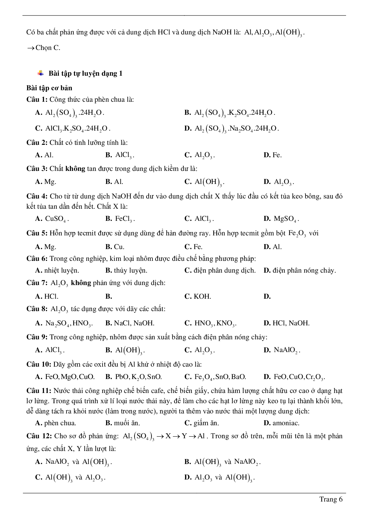 70 Bài tập Nhôm và hợp chất của nhôm (2024) có đáp án chi tiết nhất (trang 6)