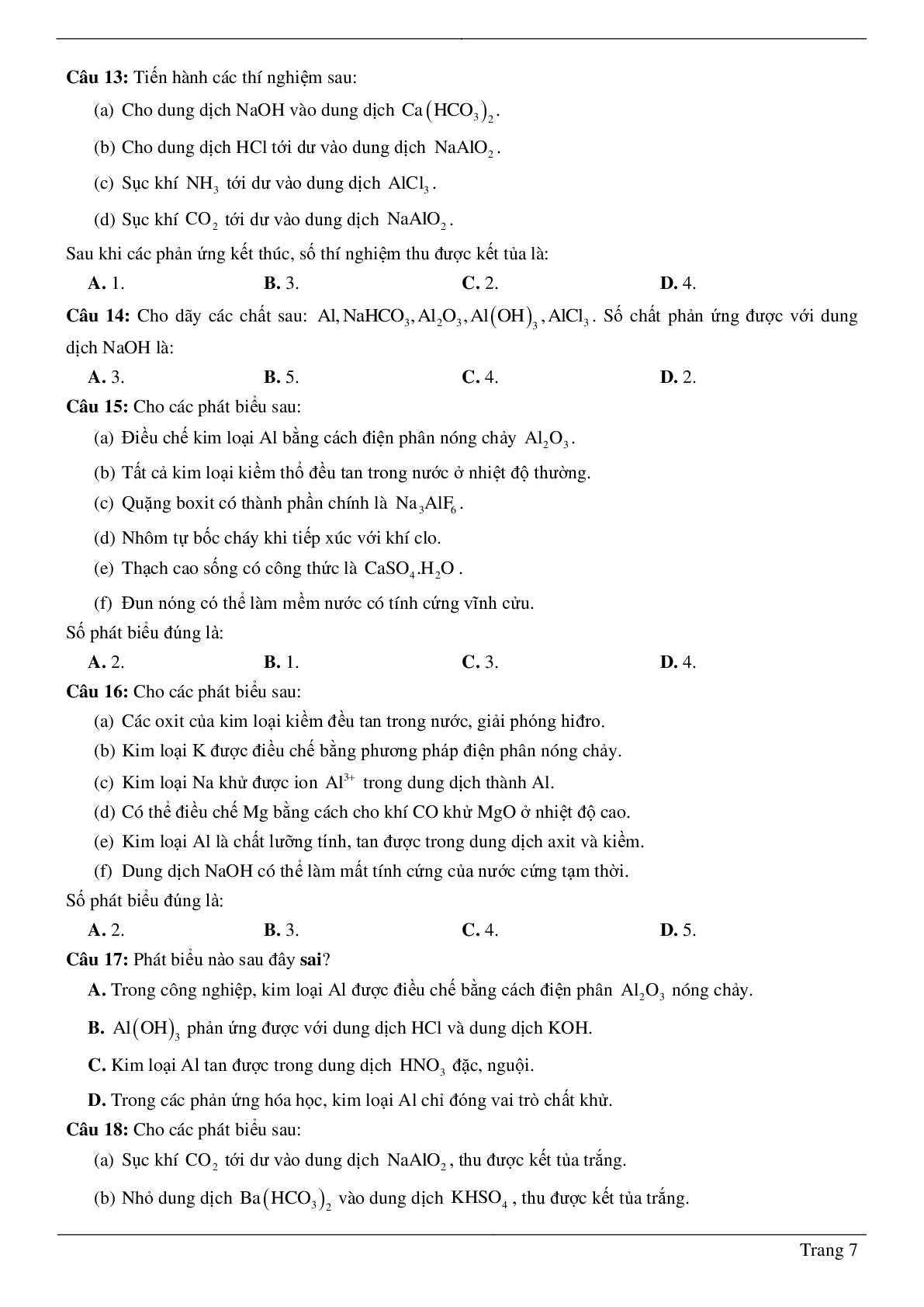70 Bài tập Nhôm và hợp chất của nhôm (2024) có đáp án chi tiết nhất (trang 7)