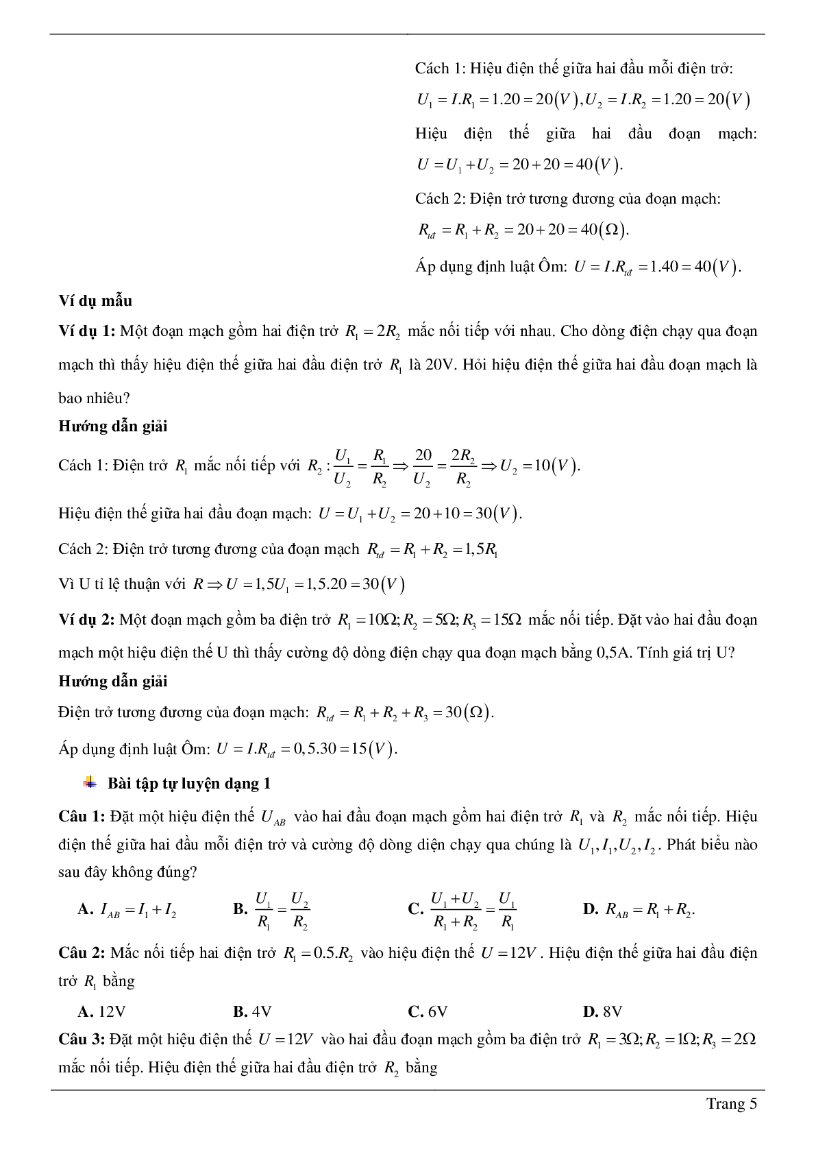 70 Bài tập về Đoạn mạch nối tiếp - Đoạn mạch song song (2024) có đáp án chi tiết nhất (trang 5)