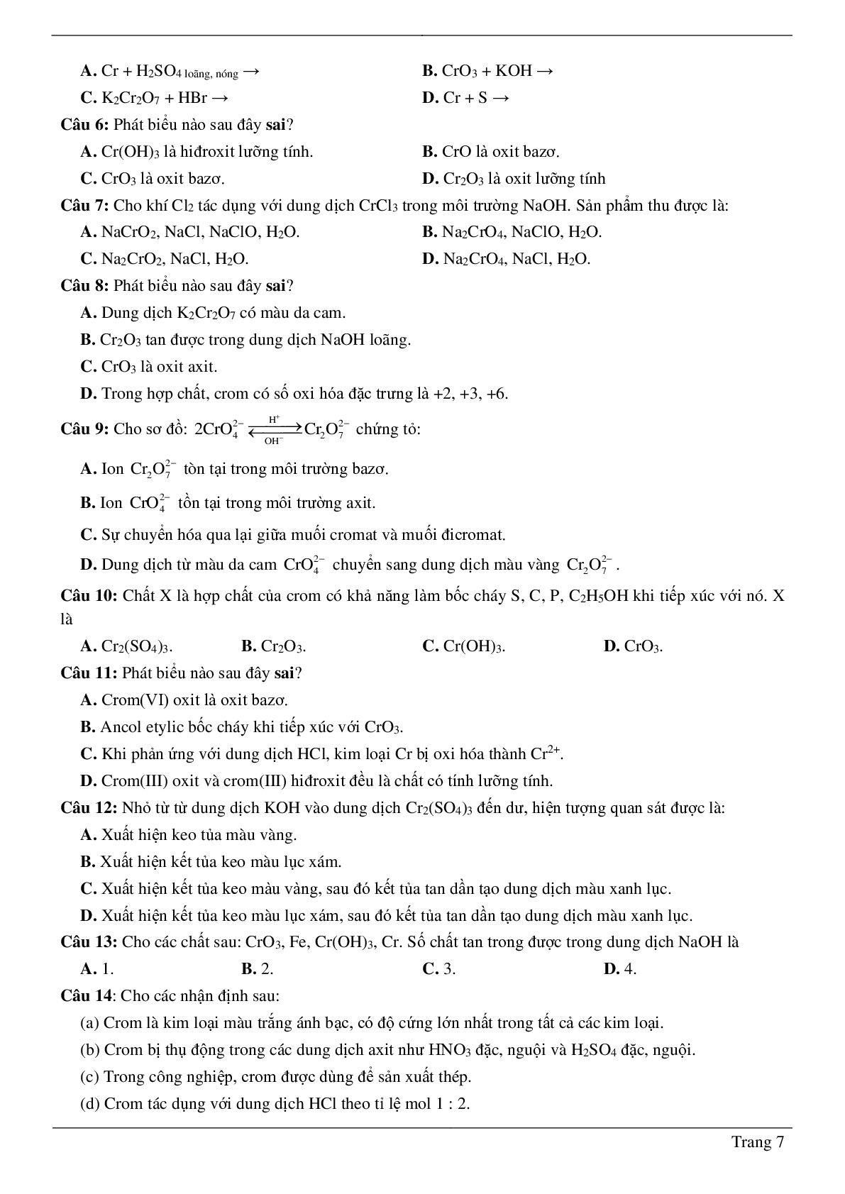 70 Bài tập về Crom và hợp chất của Crom (2024) có đáp án chi tiết nhất (trang 7)