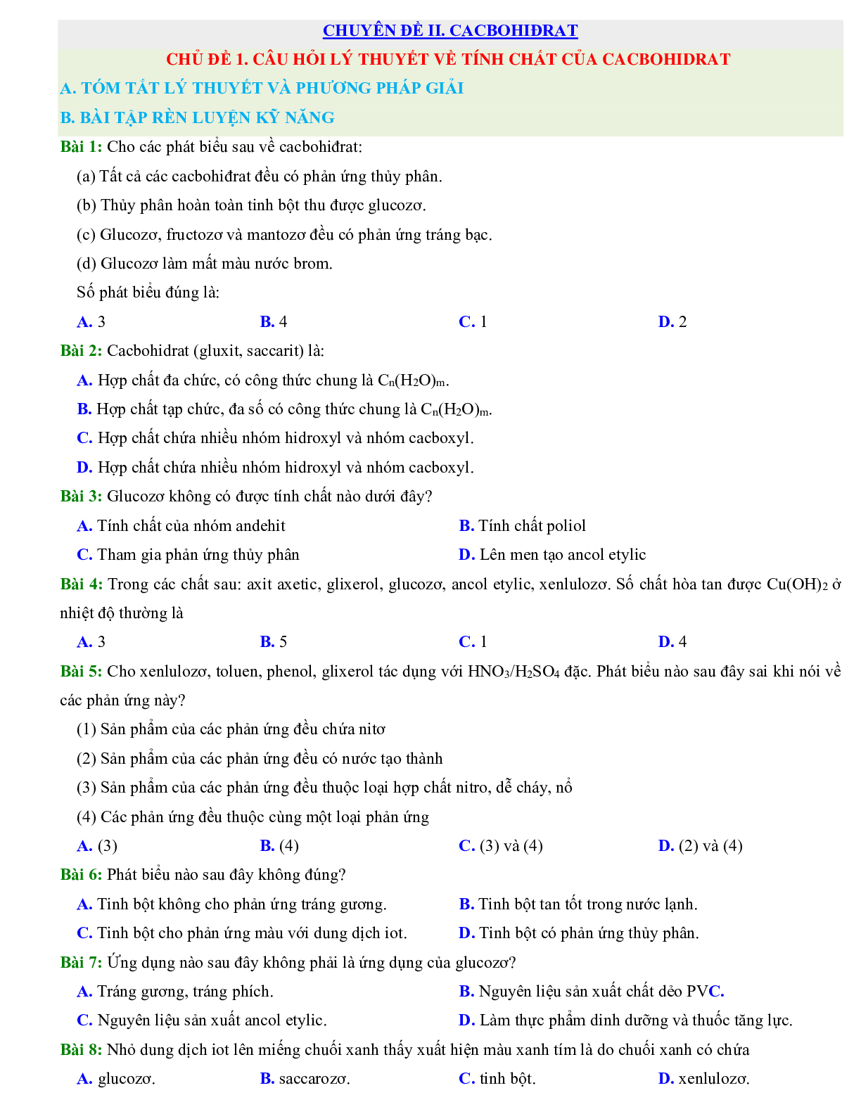 1000 Bài tập hóa 12 Chương 2: Cacbohiđrat (có đáp án năm 2023) (trang 1)