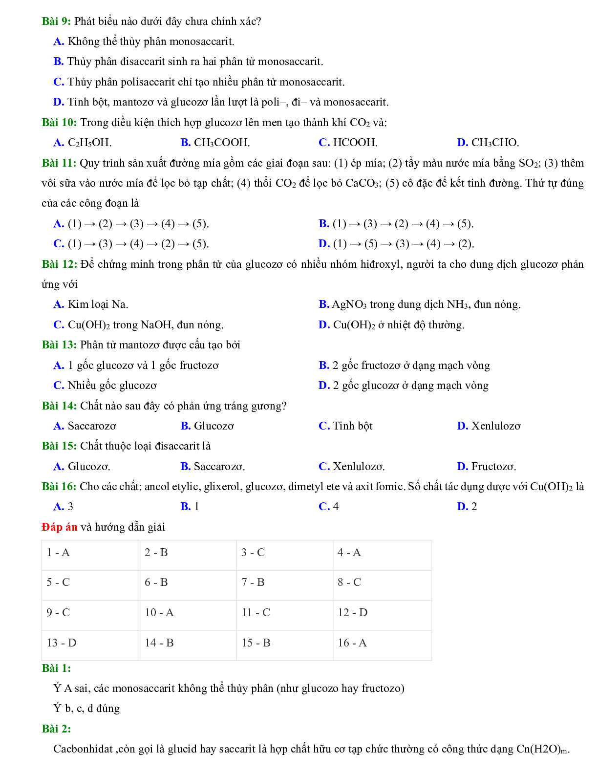 1000 Bài tập hóa 12 Chương 2: Cacbohiđrat (có đáp án năm 2023) (trang 2)