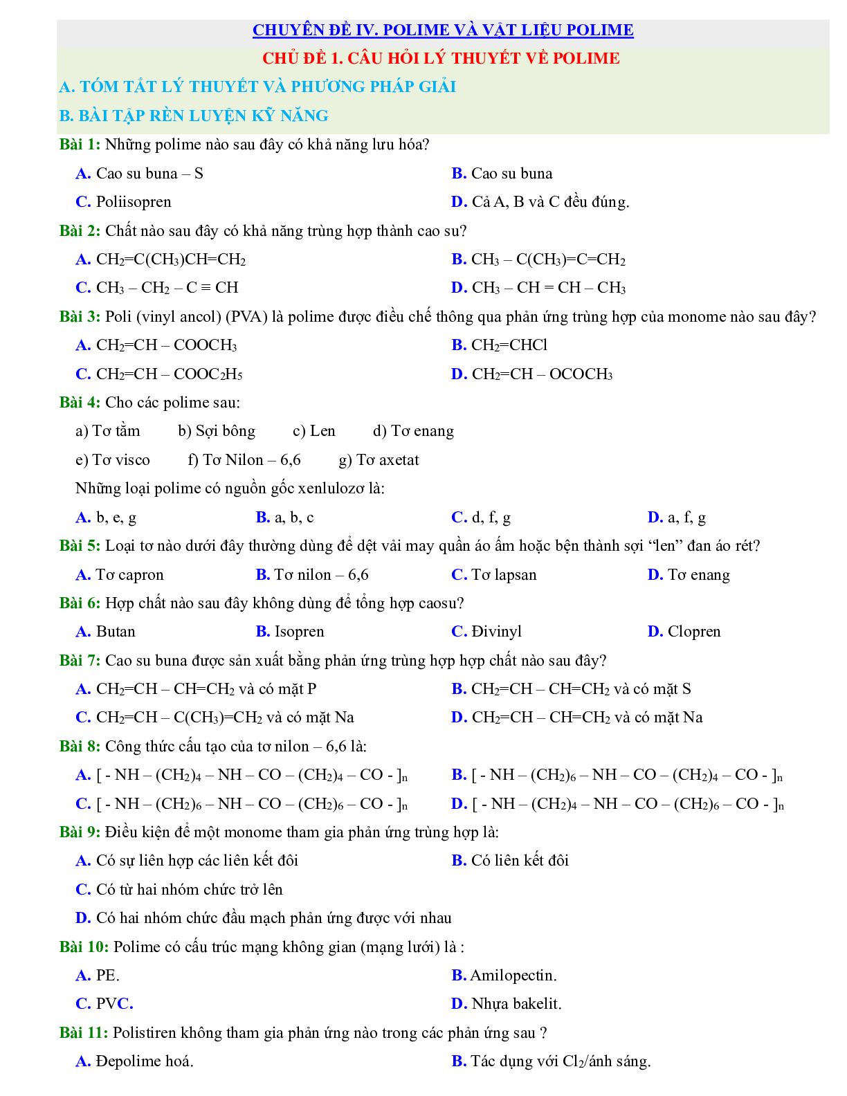 1000 Bài tập hóa 12 Chương 4: Polime và vật liệu polime (2024) có đáp án chi tiết nhất (trang 1)