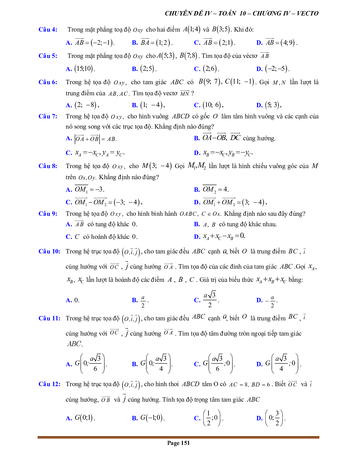 80 Bài tập về vectơ trong mặt phẳng tọa độ (có đáp án năm 2024) (trang 7)