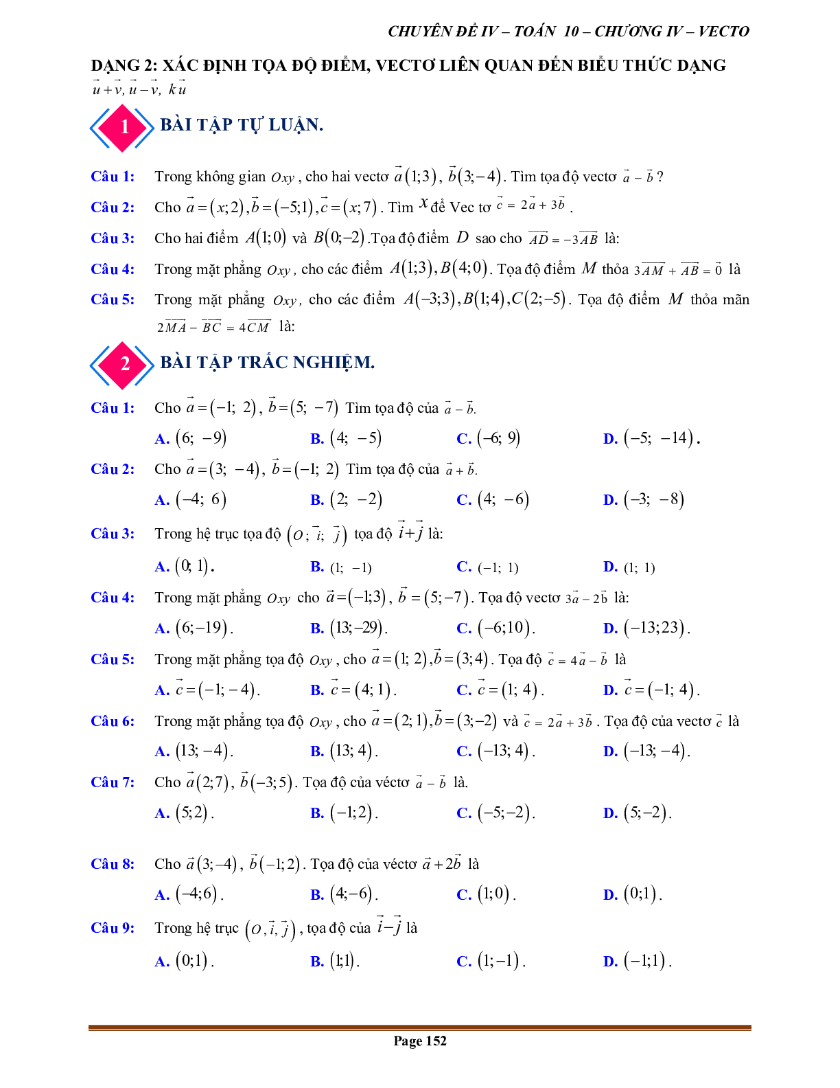80 Bài tập về vectơ trong mặt phẳng tọa độ (có đáp án năm 2024) (trang 8)