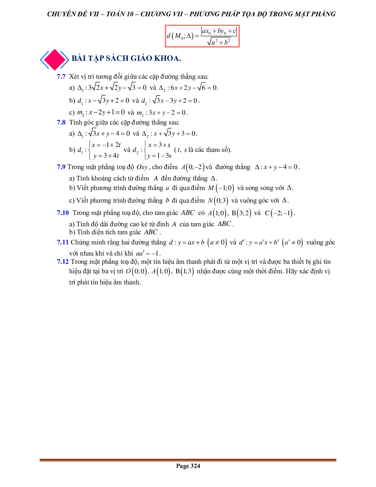 90 Bài tập về Vị trí tương đối giữa hai đường thẳng, góc và khoảng cách (2024) có đáp án - Toán 10 (trang 2)