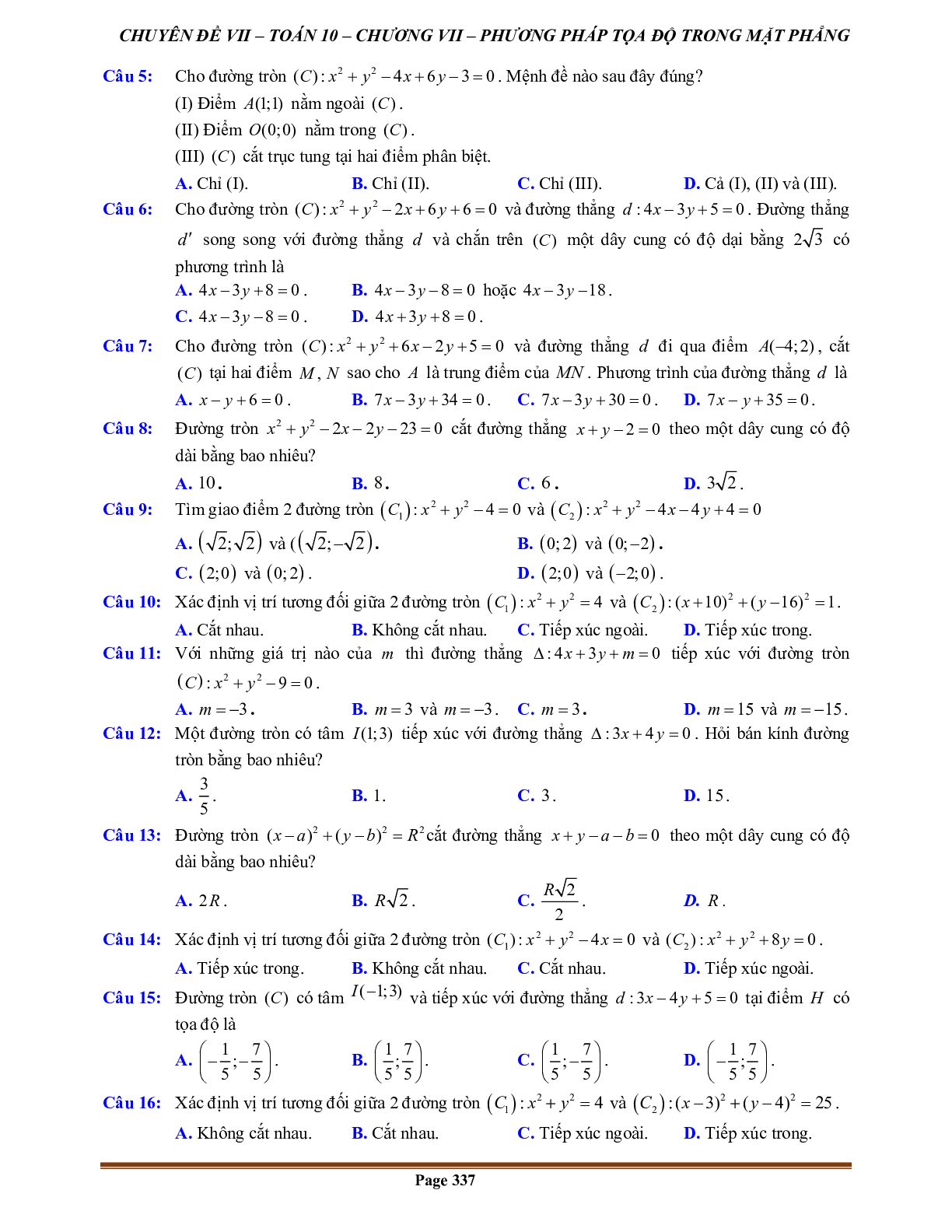 250 Bài tập đường tròn trong mặt phẳng tọa độ (có đáp án năm 2024) - Toán 10 (trang 8)