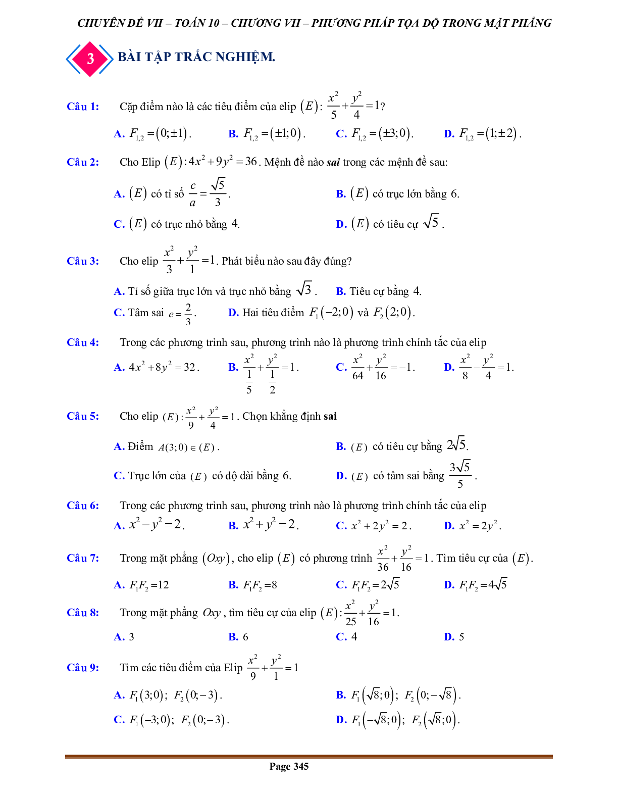 200 Bài tập ba đường conic trong mặt phẳng tọa độ (có đáp án năm 2024) - Toán 10 (trang 6)