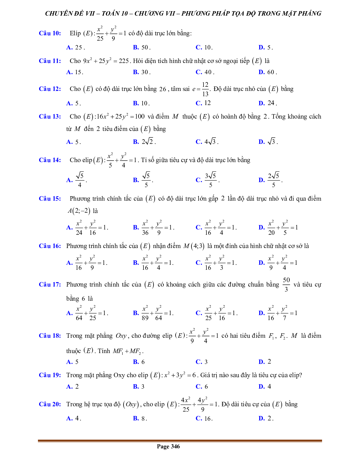 200 Bài tập ba đường conic trong mặt phẳng tọa độ (có đáp án năm 2024) - Toán 10 (trang 7)