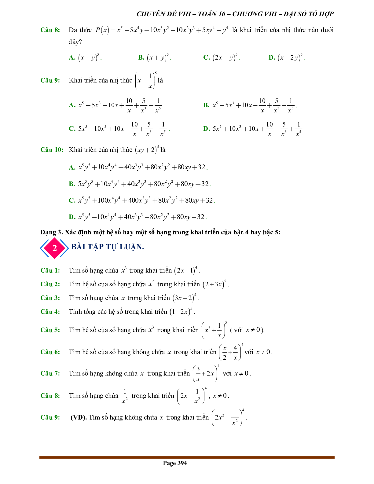 100 Bài tập về Nhị thức Newton (có đáp án năm 2024) - Toán 10 (trang 8)