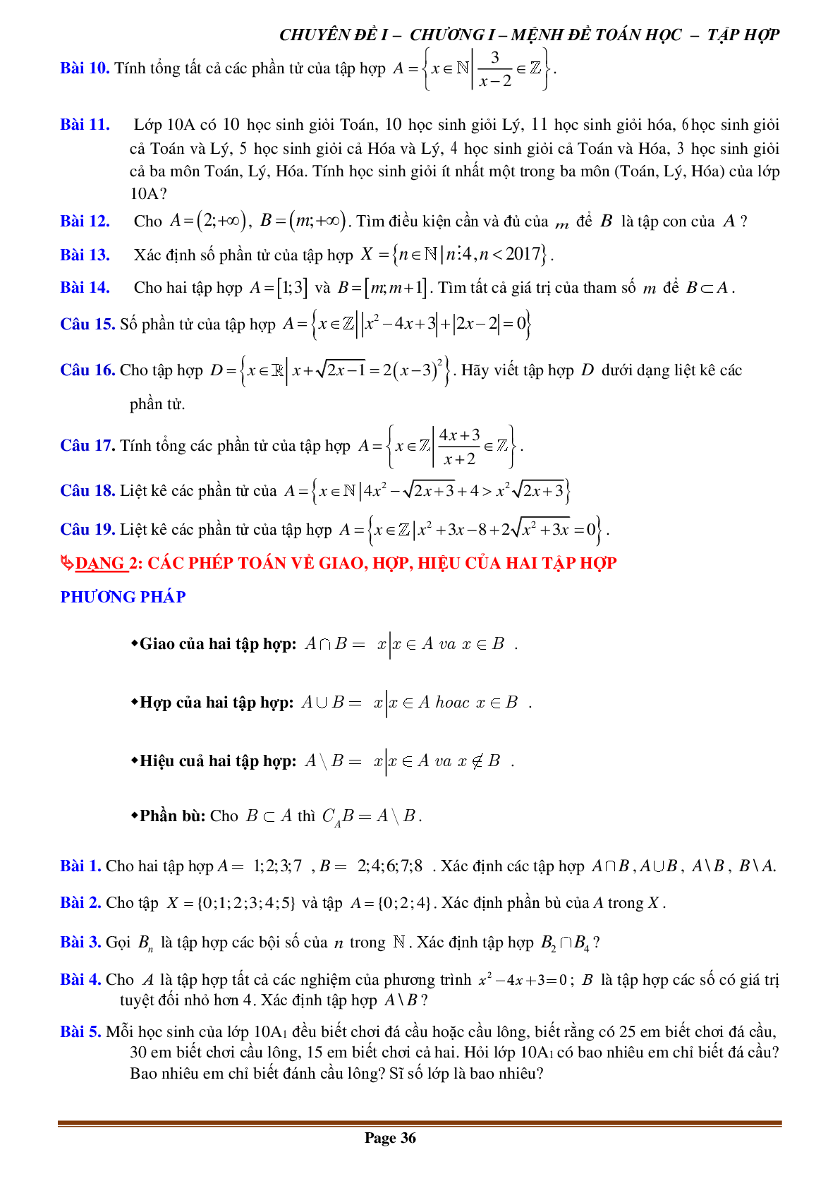 80 Bài tập về Tập hợp và các phép toán trên tập hợp (có đáp án năm 2024) - Toán 10 (trang 6)