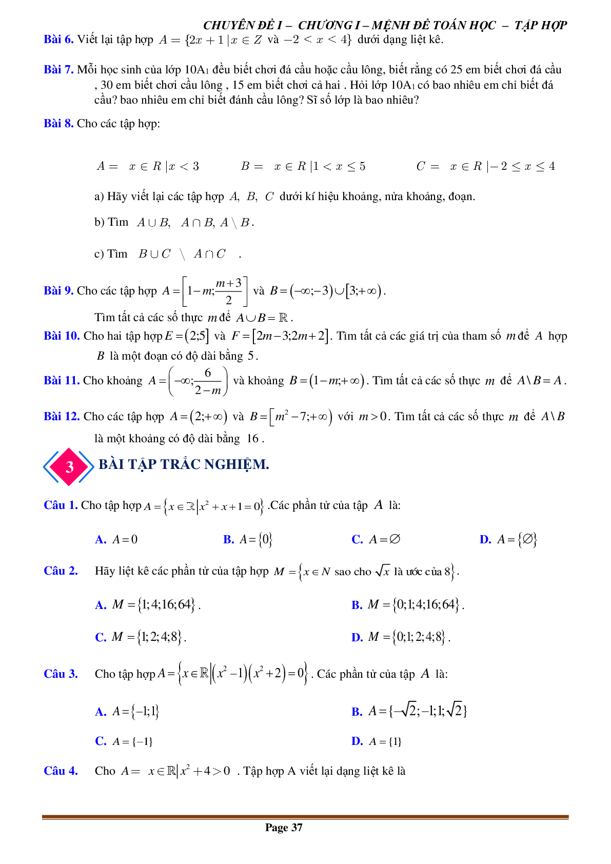 80 Bài tập về Tập hợp và các phép toán trên tập hợp (có đáp án năm 2024) - Toán 10 (trang 7)