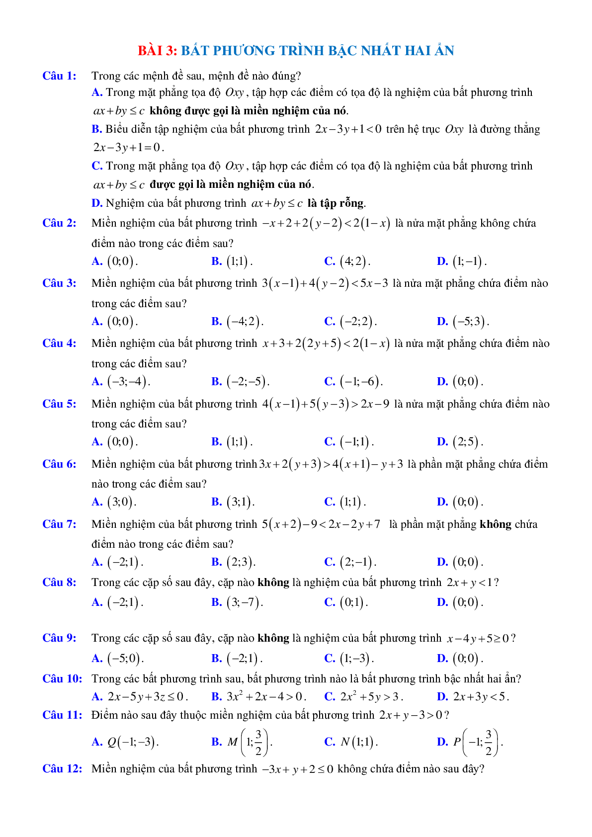 200 Bài tập Bất phương trình bậc nhất hai ẩn (có đáp án năm 2024) - Toán 10 (trang 1)
