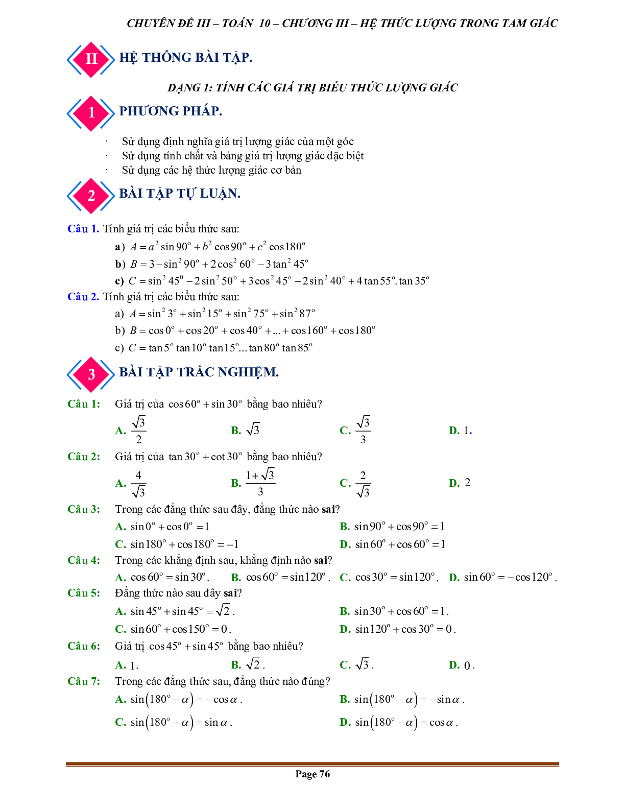 90 Bài tập giá trị lượng giác của một góc từ 0 độ đến 180 độ (có đáp án năm 2024) - Toán 10 (trang 4)