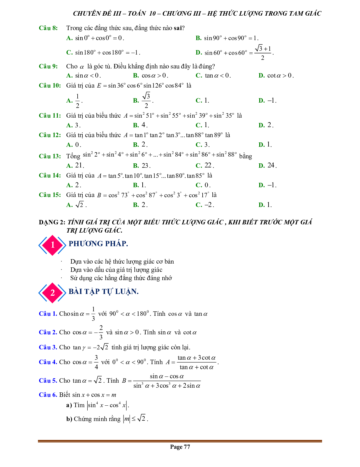 90 Bài tập giá trị lượng giác của một góc từ 0 độ đến 180 độ (có đáp án năm 2024) - Toán 10 (trang 5)