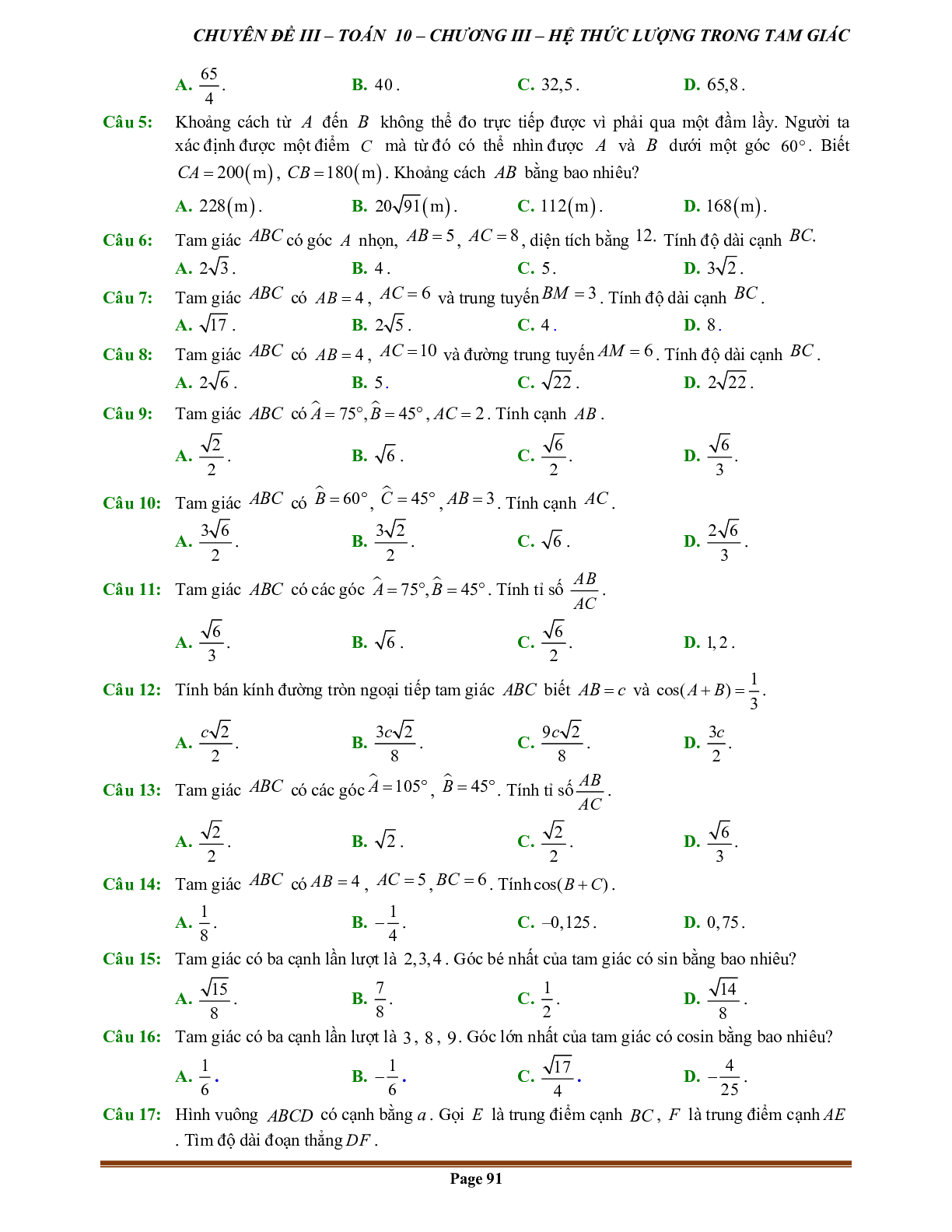 90 Bài tập hệ thức lượng trong tam giác (có đáp án năm 2024) - Toán 10 (trang 4)