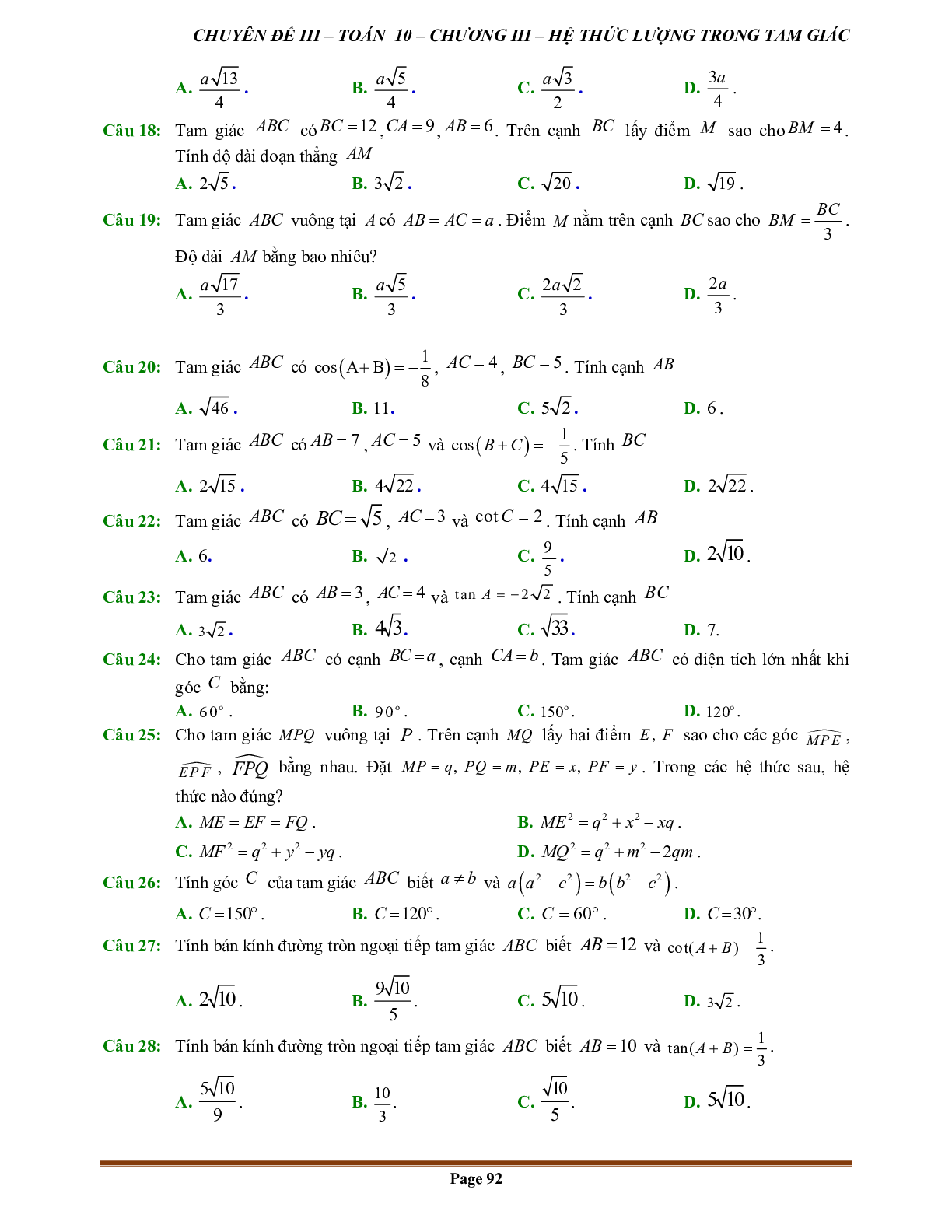 90 Bài tập hệ thức lượng trong tam giác (có đáp án năm 2024) - Toán 10 (trang 5)
