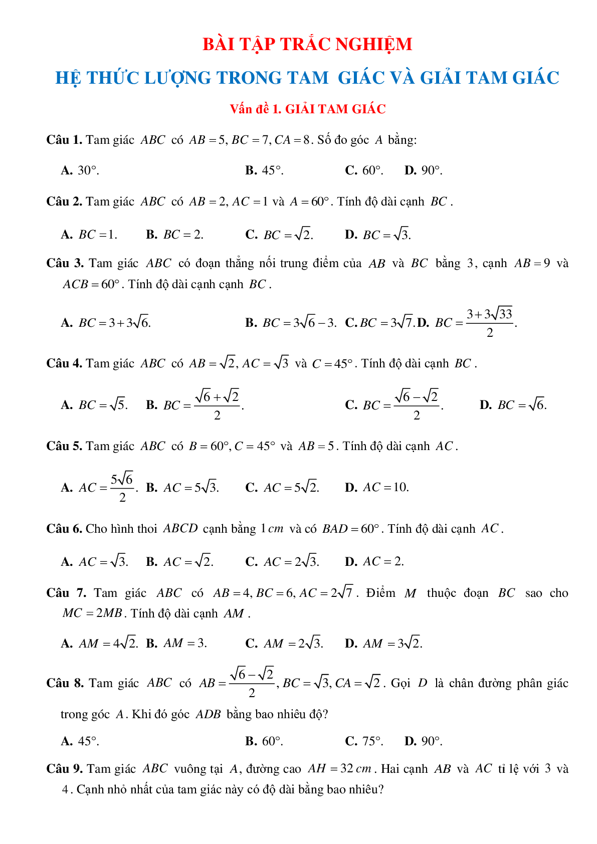 500 Bài tập hệ thức lượng trong tam giác (có đáp án năm 2024) - Toán 10 (trang 1)