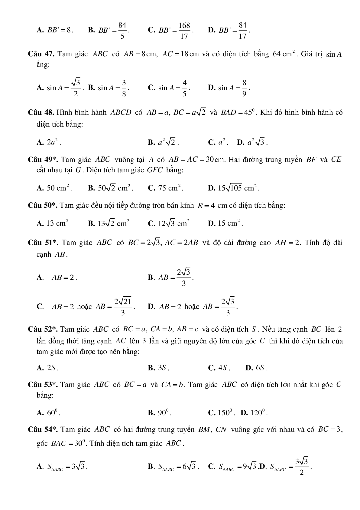 500 Bài tập hệ thức lượng trong tam giác (có đáp án năm 2024) - Toán 10 (trang 8)