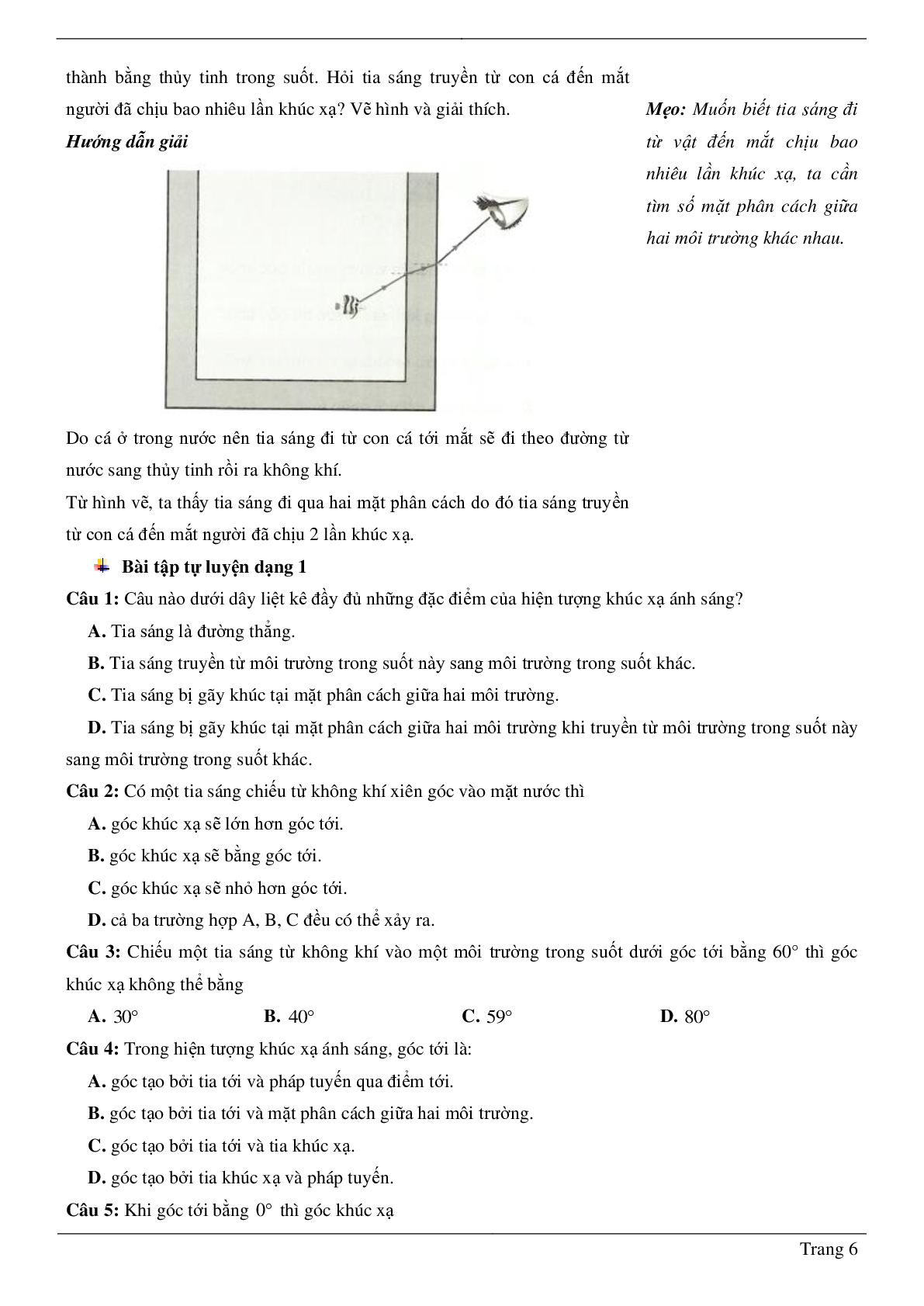 70 Bài tập về Hiện tượng khúc xạ ánh sáng (2024) có đáp án chi tiết nhất (trang 6)