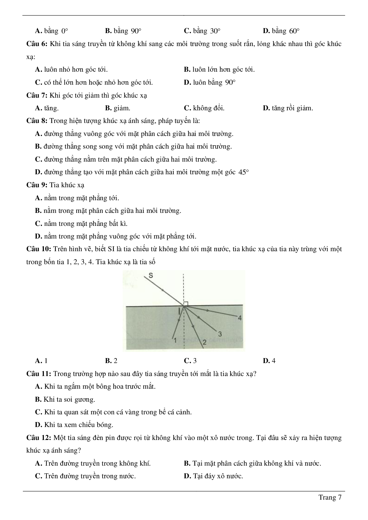 70 Bài tập về Hiện tượng khúc xạ ánh sáng (2024) có đáp án chi tiết nhất (trang 7)