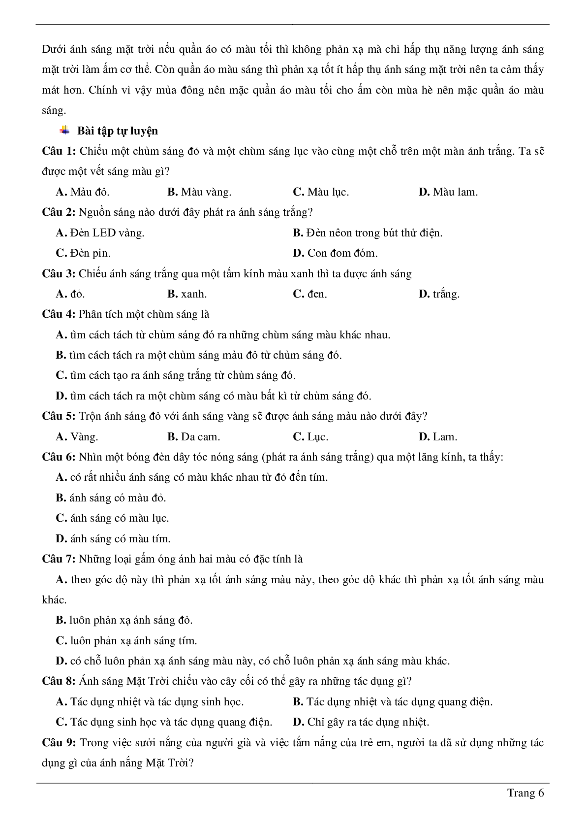 70 Bài tập về Ánh sáng trắng và ánh sáng màu (2024) có đáp án chi tiết nhất (trang 6)