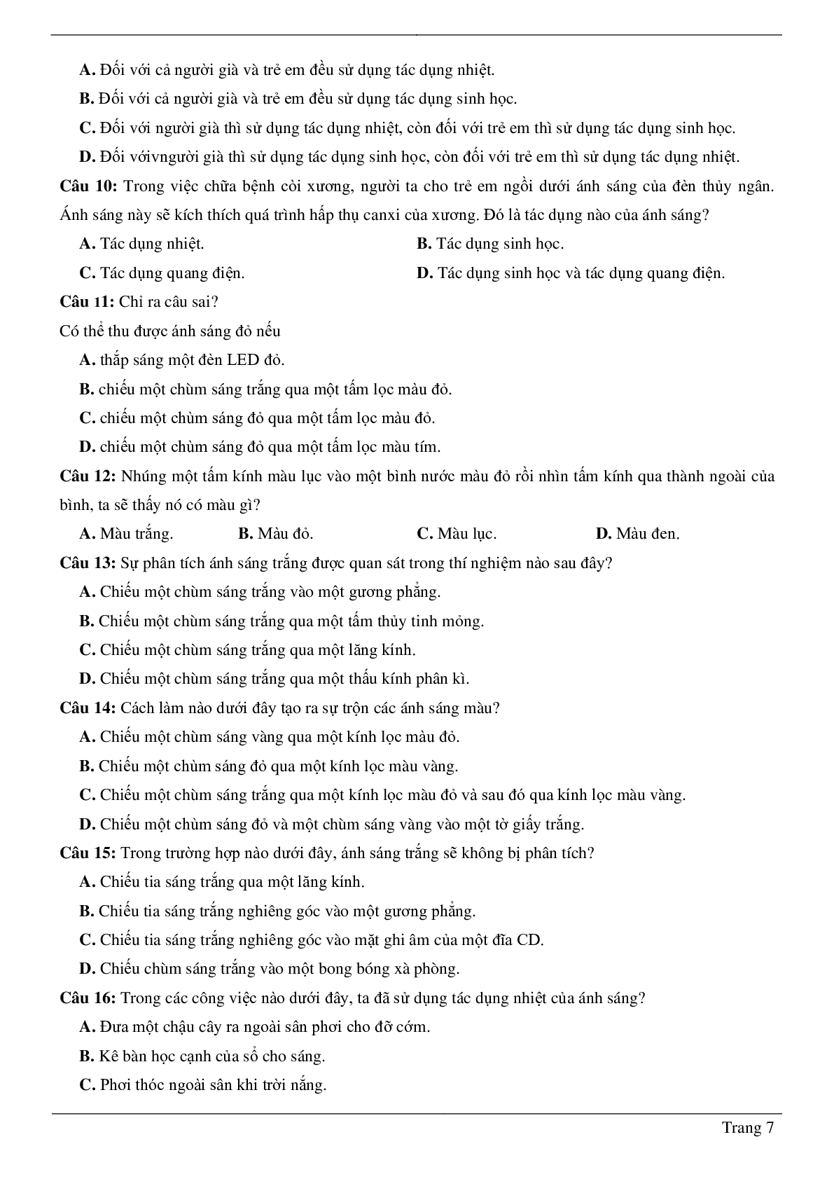 70 Bài tập Các tác dụng của ánh sáng (2024) có đáp án chi tiết nhất (trang 7)