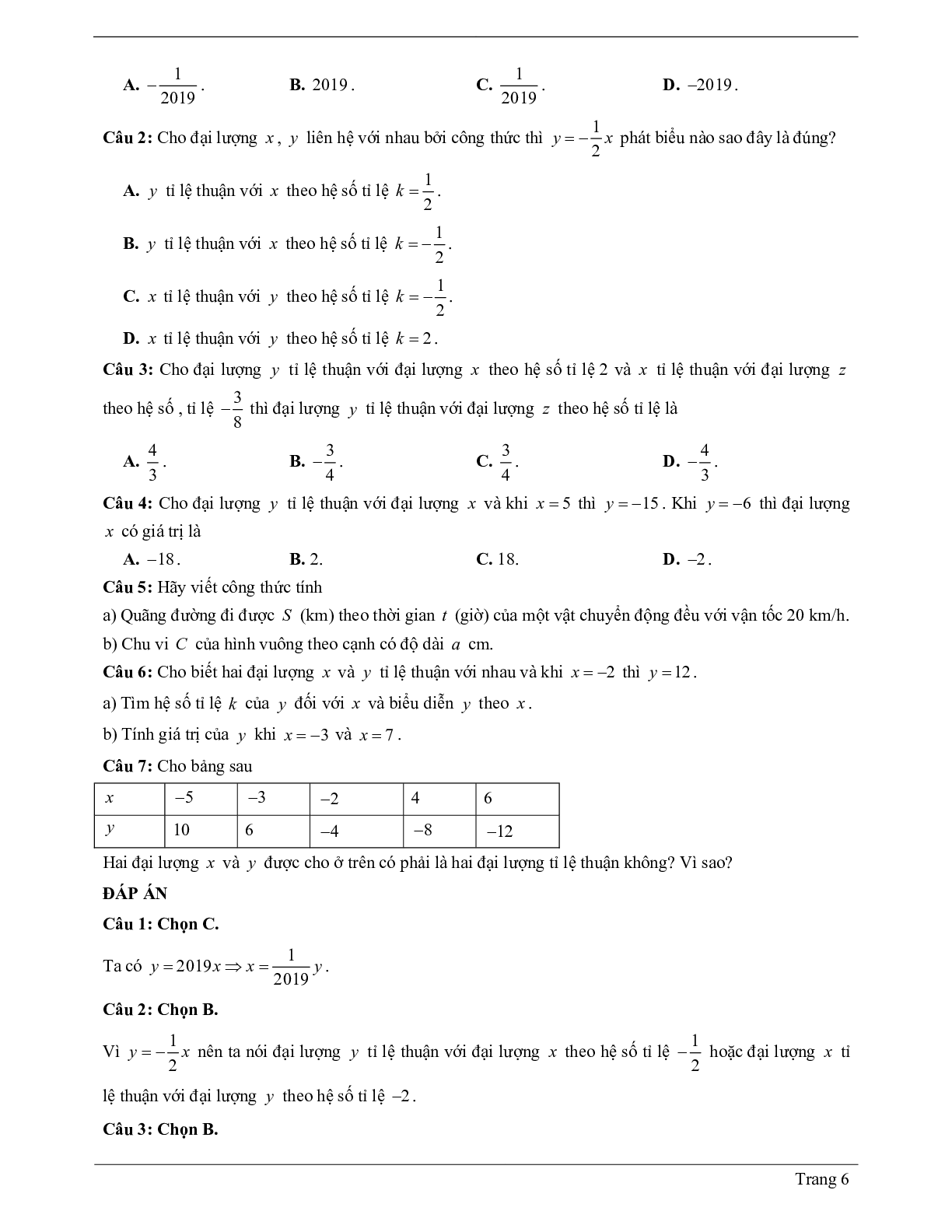 60 Bài tập đại lượng tỉ lệ thuận (có đáp án năm 2024) - Toán 7 (trang 6)