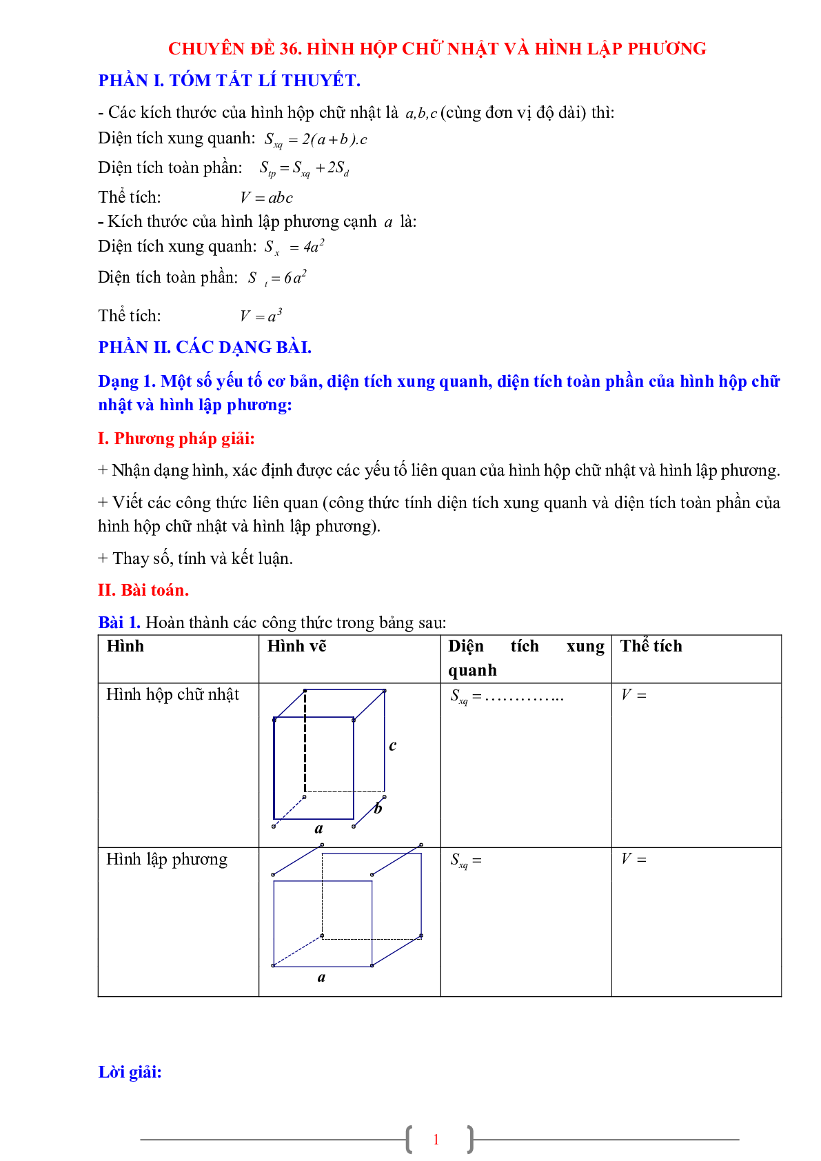 70 Bài tập về Hình hộp chữ nhật. Hình lập phương (có đáp án năm 2024) - Toán 7 (trang 1)