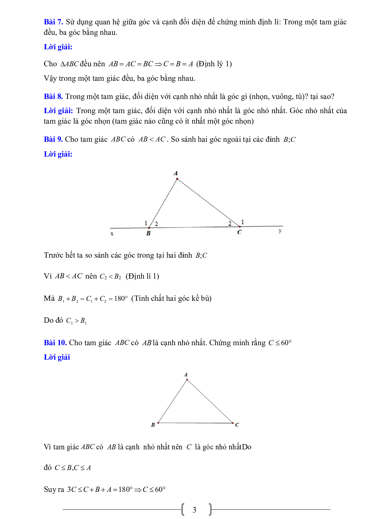 70 Bài tập về Quan hệ giữa góc và cạnh đối diện. Bất đẳng thức tam giác (có đáp án năm 2024) - Toán 7 (trang 3)