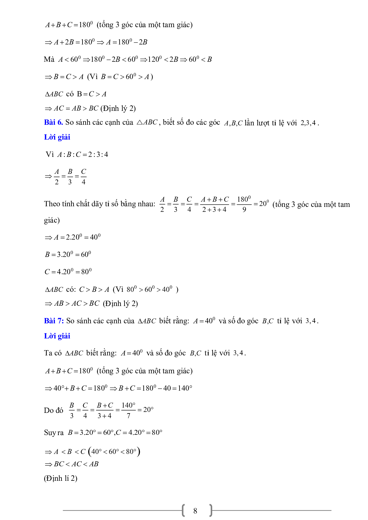 70 Bài tập về Quan hệ giữa góc và cạnh đối diện. Bất đẳng thức tam giác (có đáp án năm 2024) - Toán 7 (trang 8)
