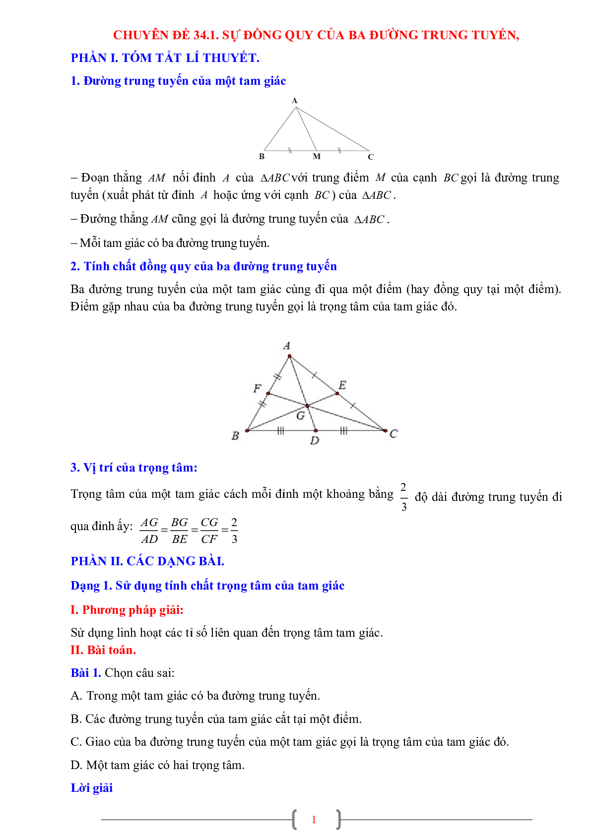 70 Bài tập về Sự đồng quy của ba đường trung tuyến trong một tam giác (có đáp án năm 2024) - Toán 7 (trang 1)