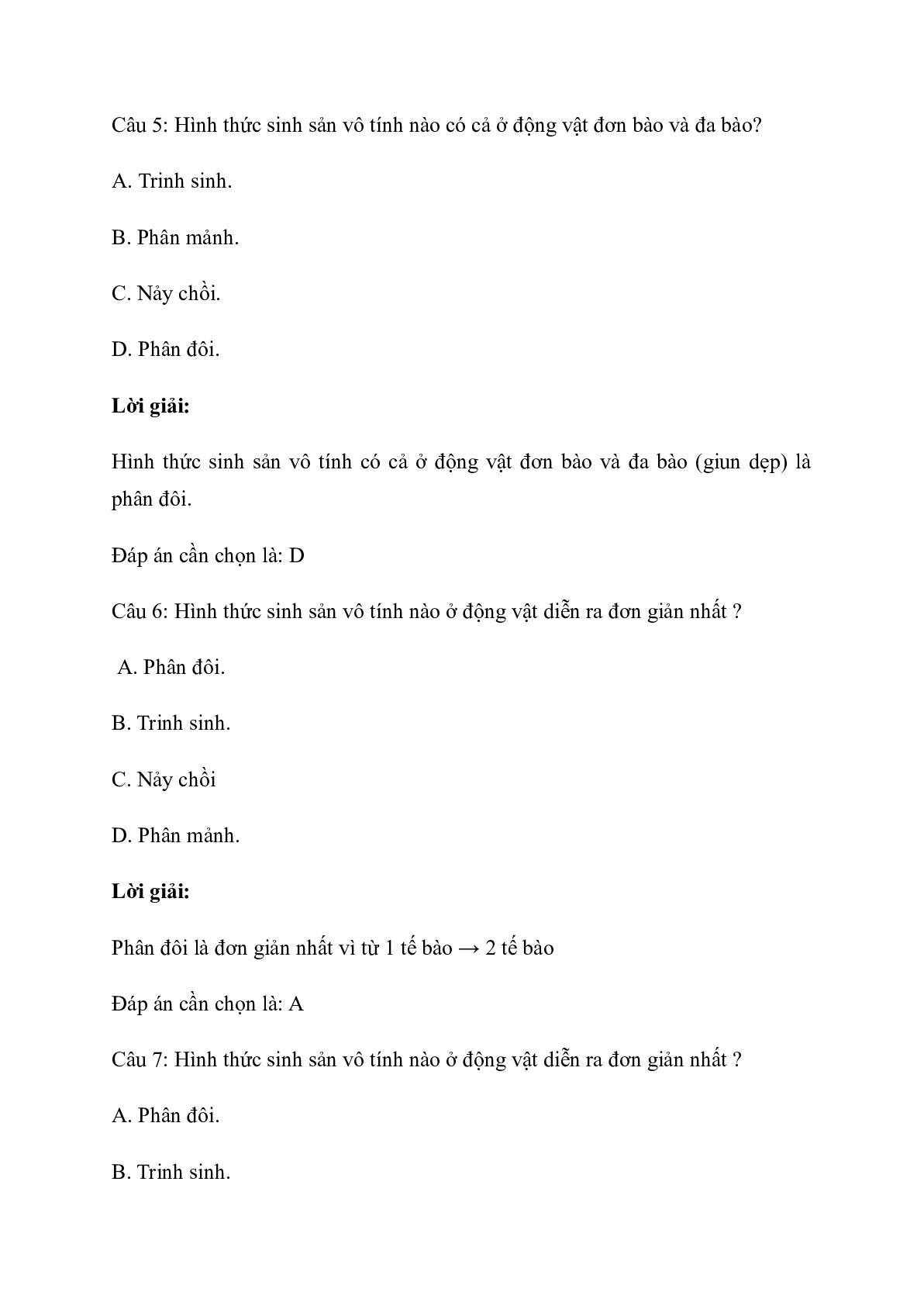 60 Bài tập về sinh sản vô tính ở động vật (2024) có đáp án chi tiết nhất (trang 7)