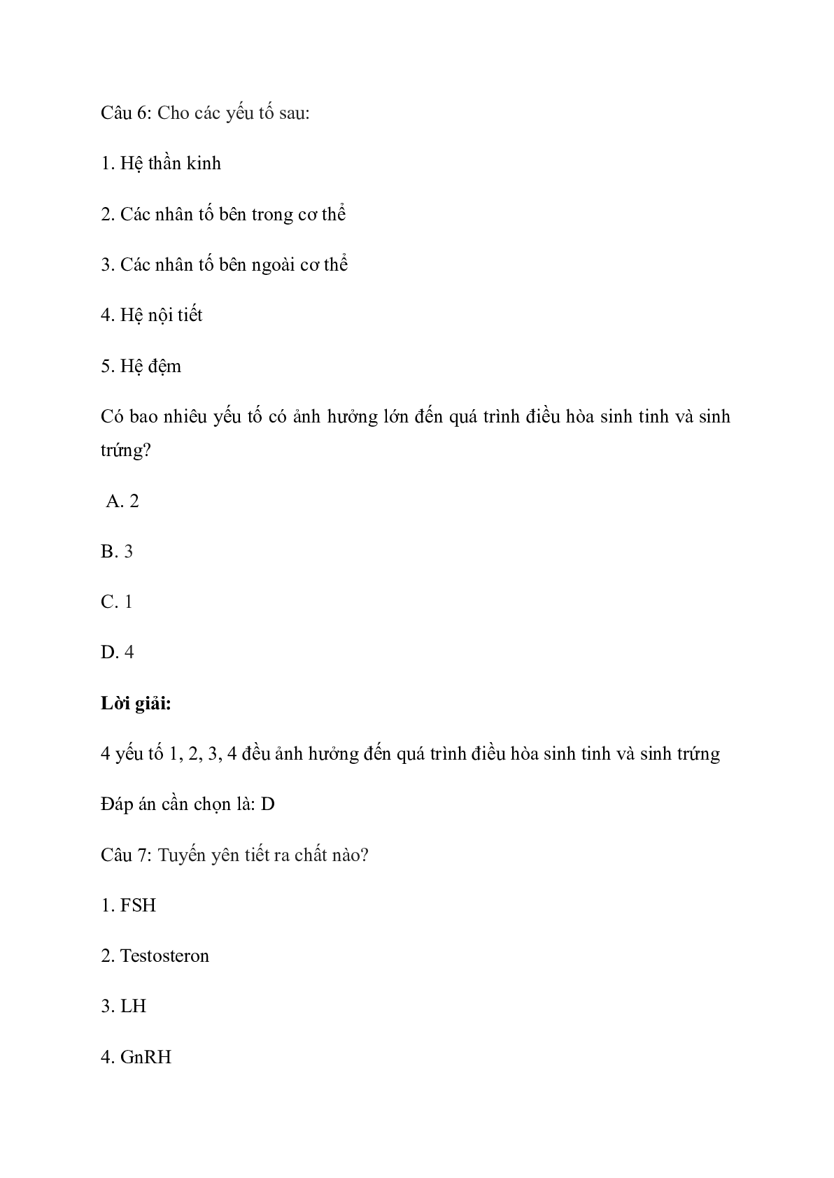 60 Bài tập về cơ chế điều hòa sinh sản (2024) có đáp án chi tiết nhất (trang 7)