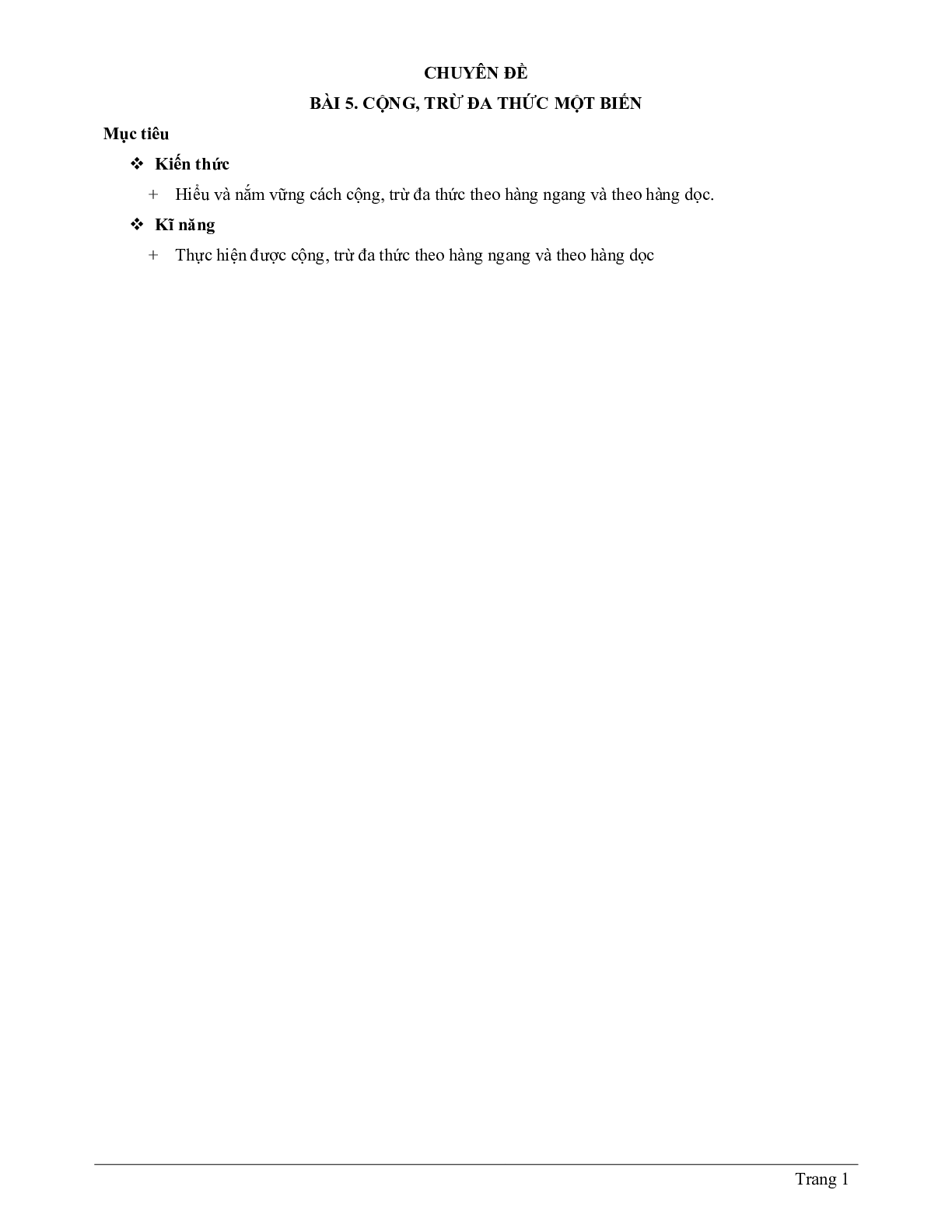 70 Bài tập về Phép cộng và phép trừ đa thức một biến (có đáp án năm 2023) - Toán 7 (trang 1)