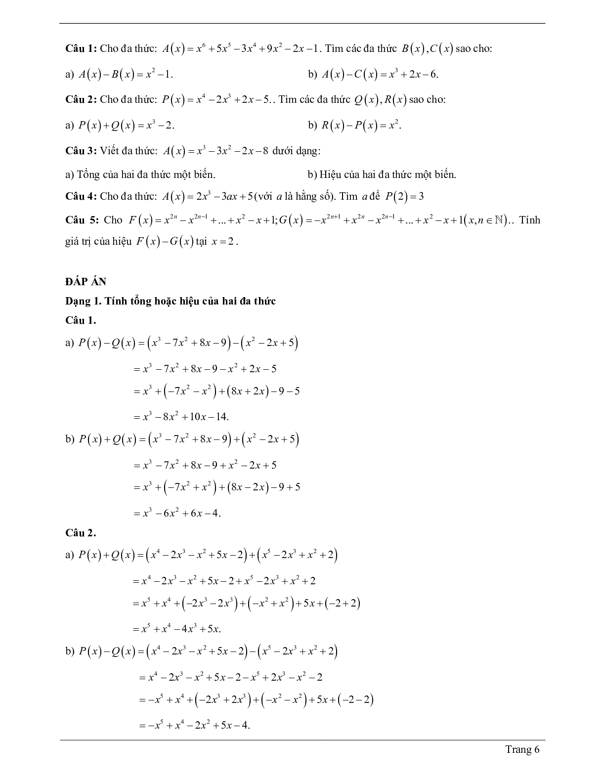 70 Bài tập về Phép cộng và phép trừ đa thức một biến (có đáp án năm 2023) - Toán 7 (trang 6)