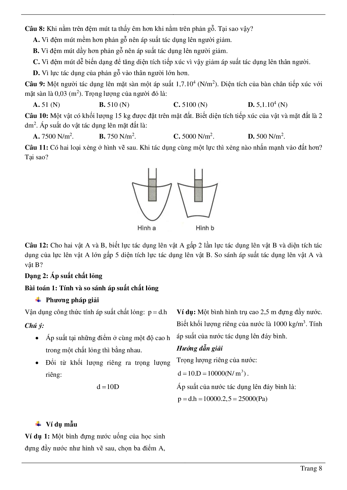 100 bài tập về áp suất (có đáp án năm 2023) - Vật lí 8 (trang 8)