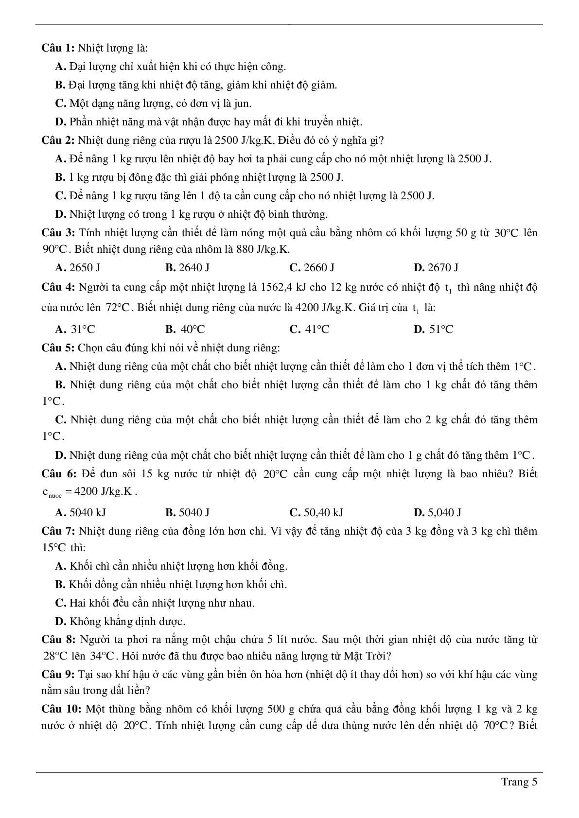 100 bài tập về nhiệt lượng - phương trình cân bằng nhiệt (có đáp án năm 2023) - Vật lí 8 (trang 5)