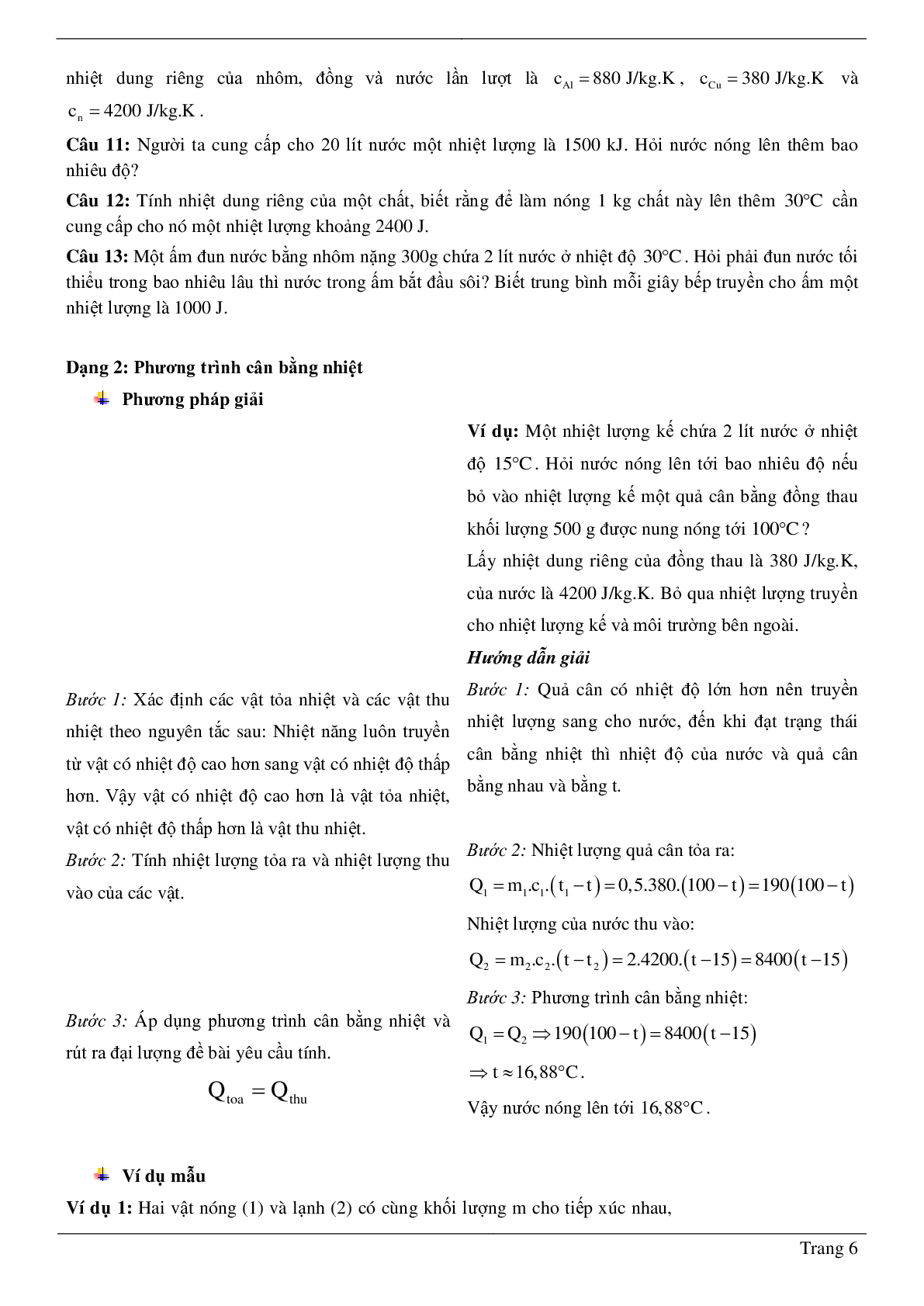 100 bài tập về nhiệt lượng - phương trình cân bằng nhiệt (có đáp án năm 2023) - Vật lí 8 (trang 6)