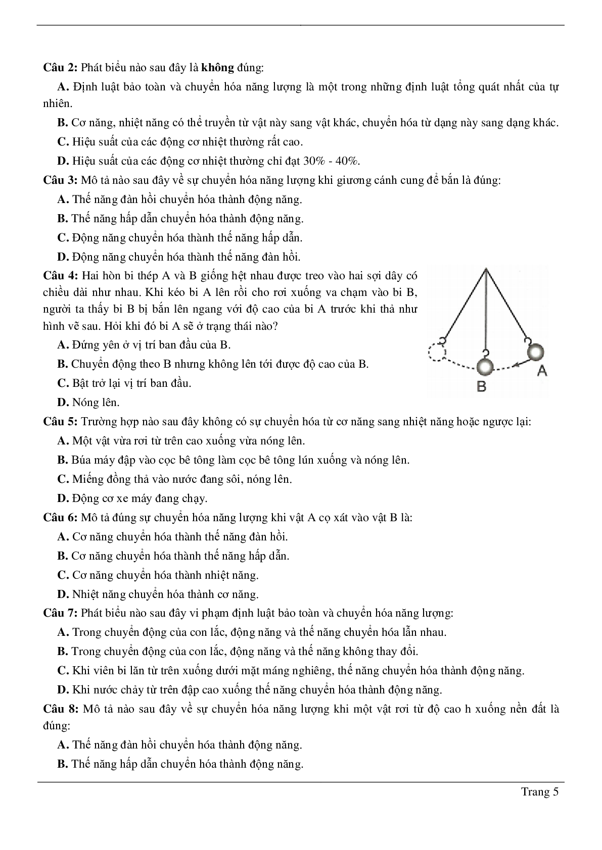 80 bài tập về bảo toàn năng lượng trong các hiện tượng cơ - nhiệt. động cơ nhiệt (có đáp án năm 2023) - Vật lí 8 (trang 5)