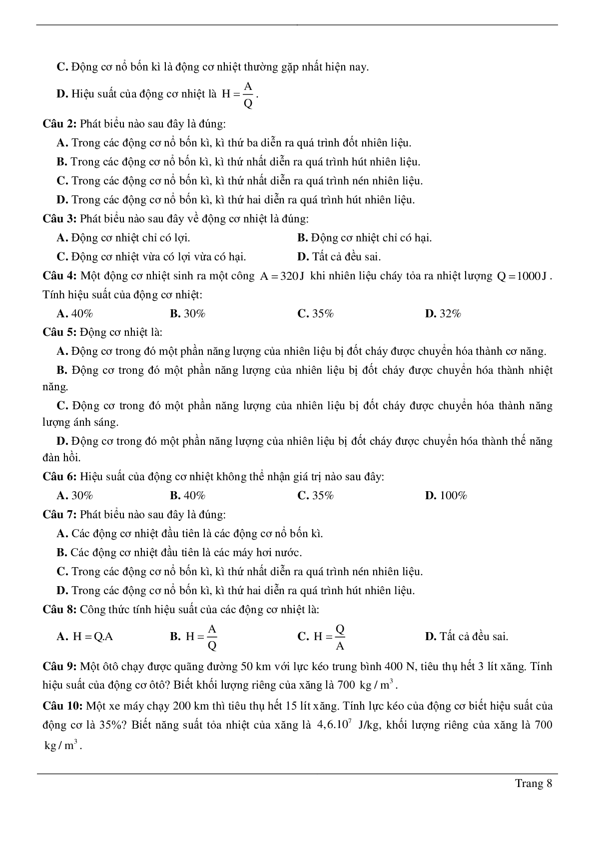 80 bài tập về bảo toàn năng lượng trong các hiện tượng cơ - nhiệt. động cơ nhiệt (có đáp án năm 2023) - Vật lí 8 (trang 8)