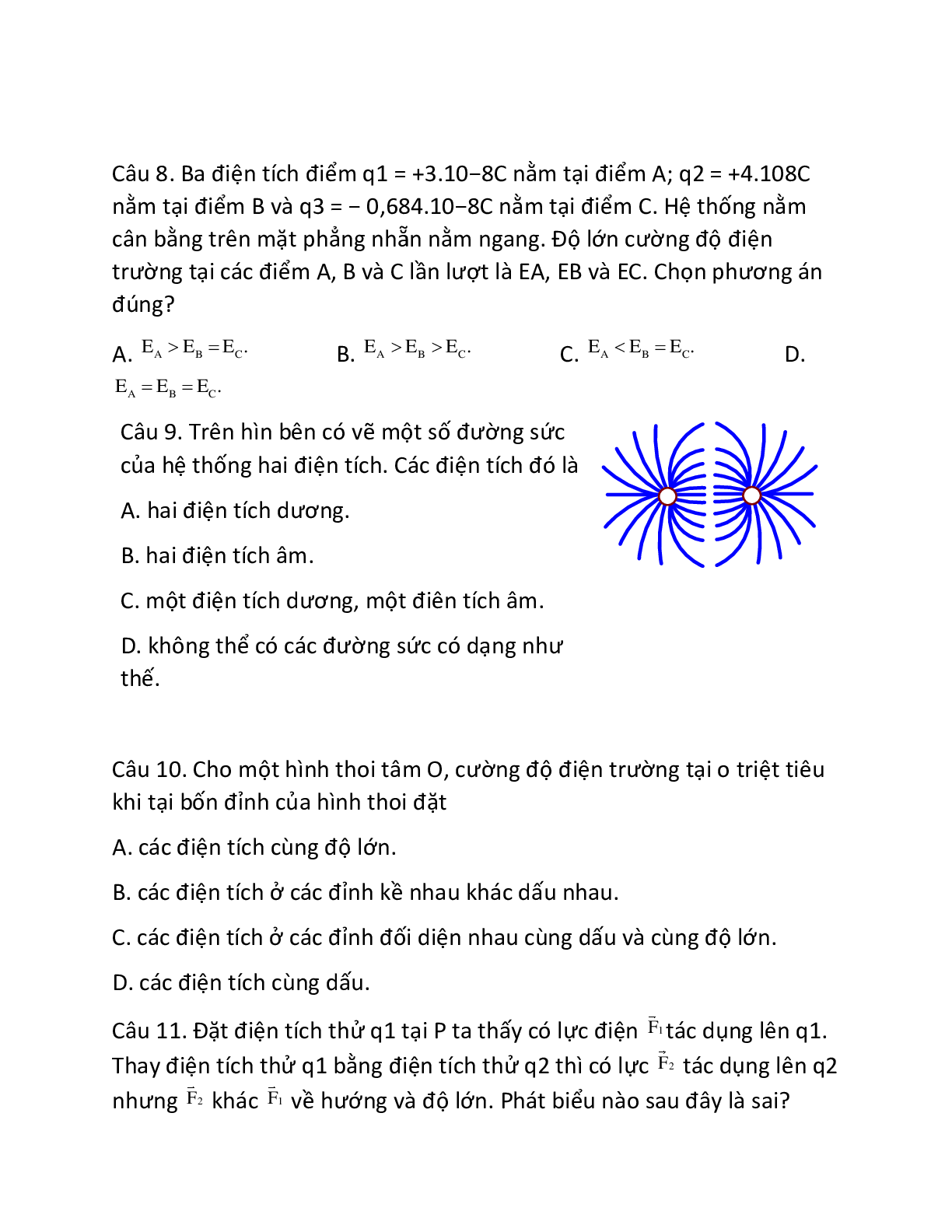 70 Bài tập về Điện trường và cường độ điện trường. Đường sức điện (2024) có đáp án chi tiết nhất (trang 2)