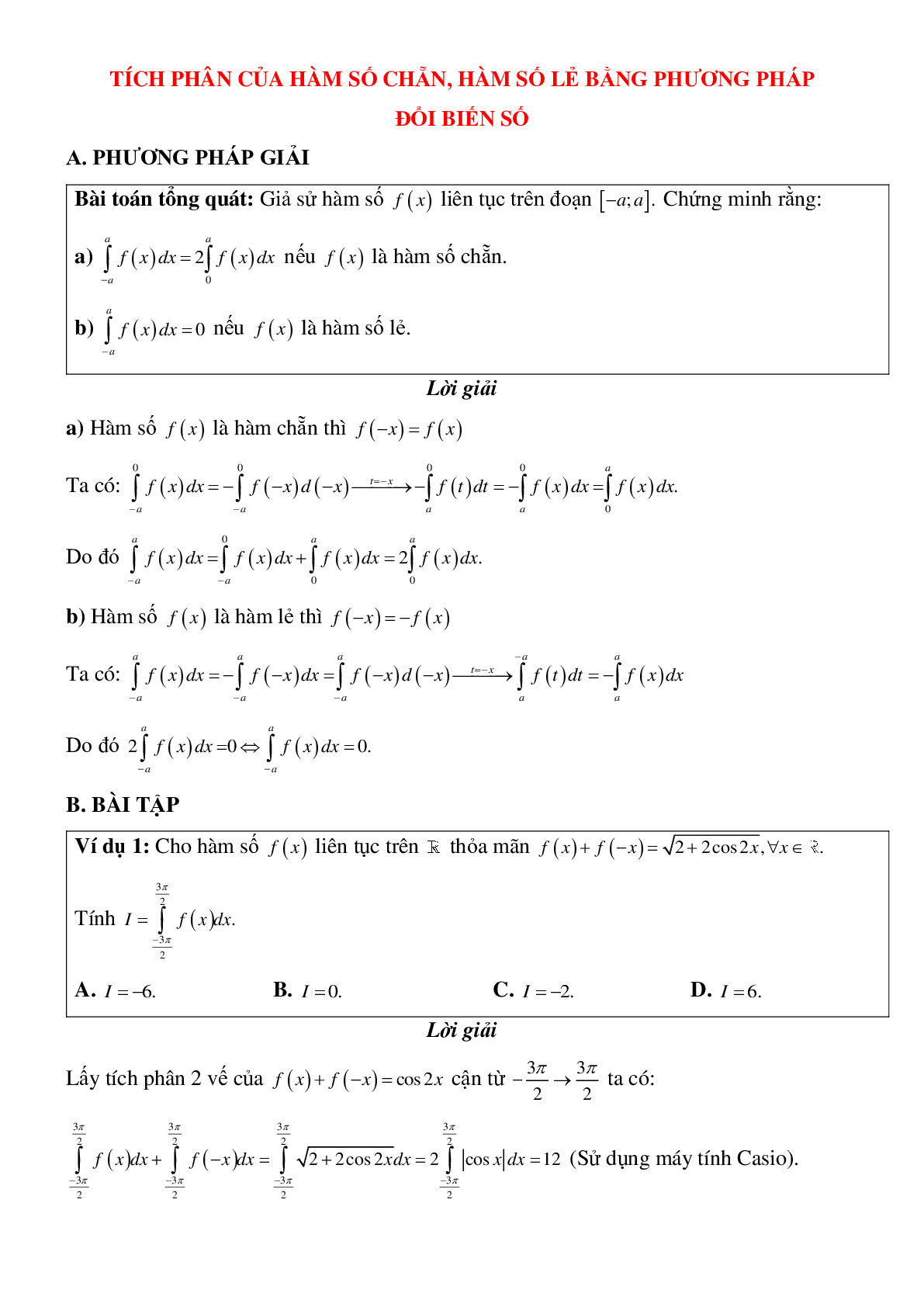30 Bài tập Tính tích phân hàm số chẵn, hàm số lẻ (2024) cực hay, có đáp án (trang 1)