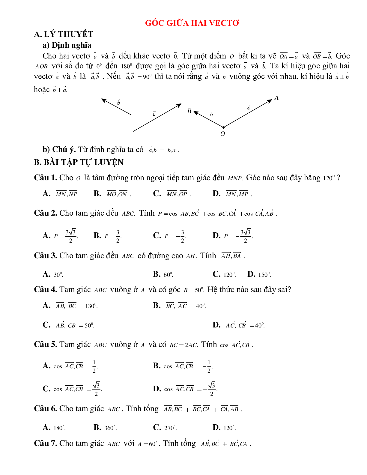 20 Bài tập tính góc giữa hai vectơ (2024) cực hay, có đáp án chi tiết (trang 1)
